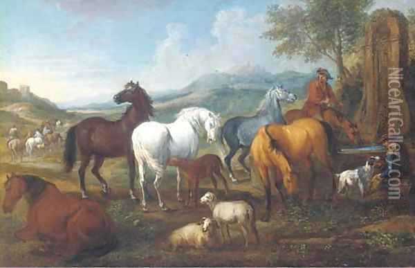 An extensive landscape with horses at a trough Oil Painting - Pieter van Bloemen