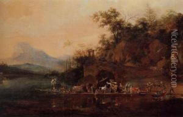 River Landscape With A Ferry Being Punted Across A River Oil Painting - Jan Asselyn