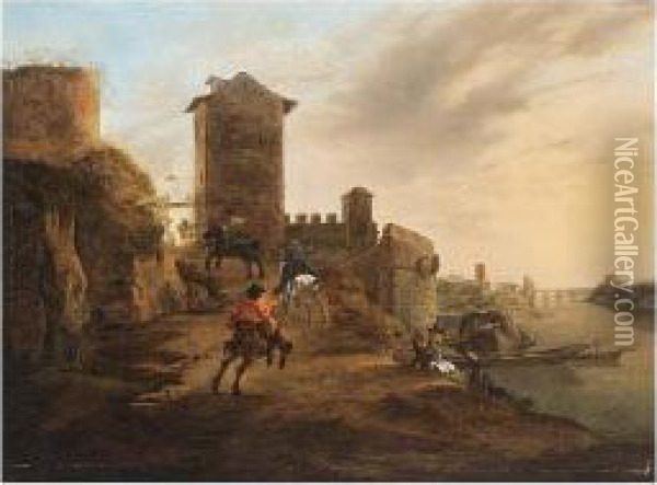 An Italianate Landscape With Horseriders Entering The Oil Painting - Jan Asselyn