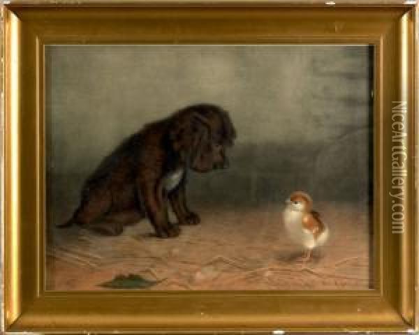 A Puppy And Chick Oil Painting - Ben Austrian