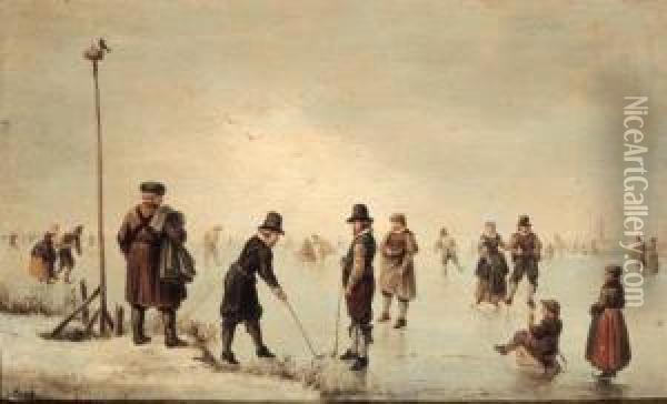 Figures Skating In A Winter Landscape Oil Painting - Hendrick Avercamp