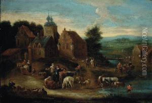A River Landscape With Herdsmen And Their Cattle On A Track, Avillage Beyond Oil Painting - Marc Baets