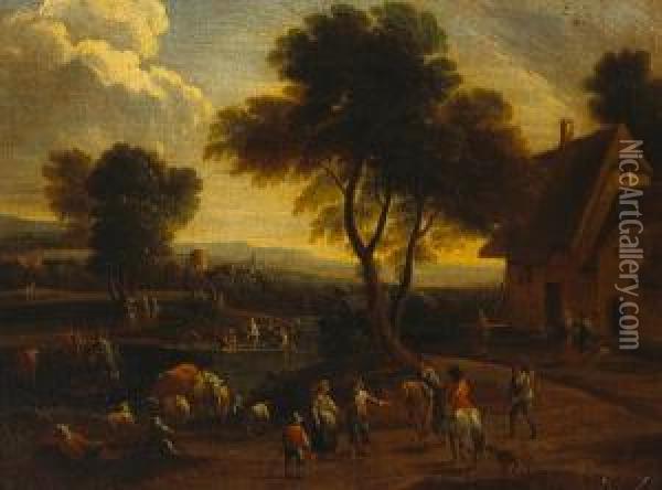 An Extensive Landscape With Figures Outside An Inn Oil Painting - Marc Baets