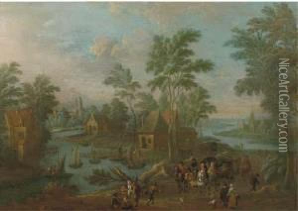 A River Landscape With A Carriage Oil Painting - Marc Baets