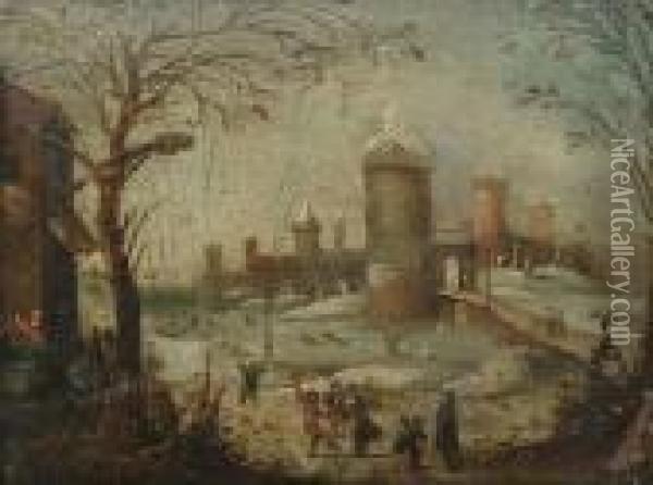 A Village Landscape With Figures
 Making Barrels In The Foreground; And A Winter Landscape With Figures 
Dancing Before A Walled Village Oil Painting - Marc Baets