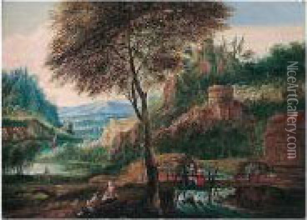 An Extensive River Landscape With Travellers In The Foreground Oil Painting - Marc Baets