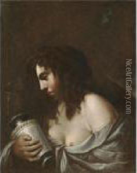 The Penitent Magdalene Holding A Jar Of Ointment Before A Crucifix Oil Painting - Giovanni Baglione
