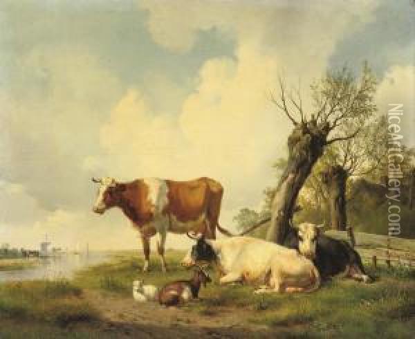 Cattle On The Waterfront Oil Painting - Hendrikus van den Sande Bakhuyzen