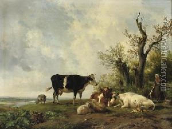 A Farm Girl With Her Cattle In A Pasture Oil Painting - Hendrikus van den Sande Bakhuyzen