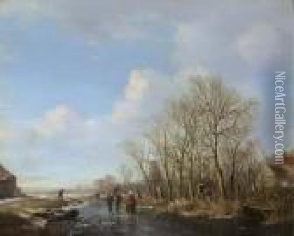 Woodgatherers On A Frozen Stream Oil Painting - Hendrikus van den Sande Bakhuyzen