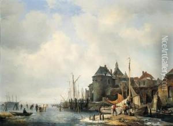 Een Gezigt Van De Rietdijkse Poort En Het Hoofd Te Dordrecht, Bij Winter Oil Painting - Hendrikus van den Sande Bakhuyzen