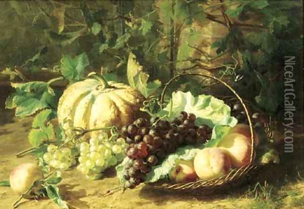 Peaches, grapes and a pumpkin in a sunny corner of a vegetable garden Oil Painting - Geraldine Jacoba Van De Sande Bakhuyzen