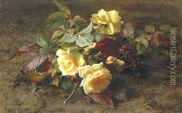 Yellow roses and elderberries on a forest floor 2 Oil Painting - Geraldine Jacoba Van De Sande Bakhuyzen