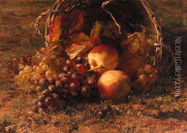 Grapes and apples in an overturned basket on a forest floor Oil Painting - Geraldine Jacoba Van De Sande Bakhuyzen