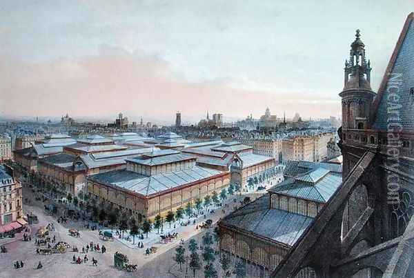 View of Les Halles in Paris taken from Saint Eustache upper gallery, c. 1870-80 Oil Painting - Felix Benoist
