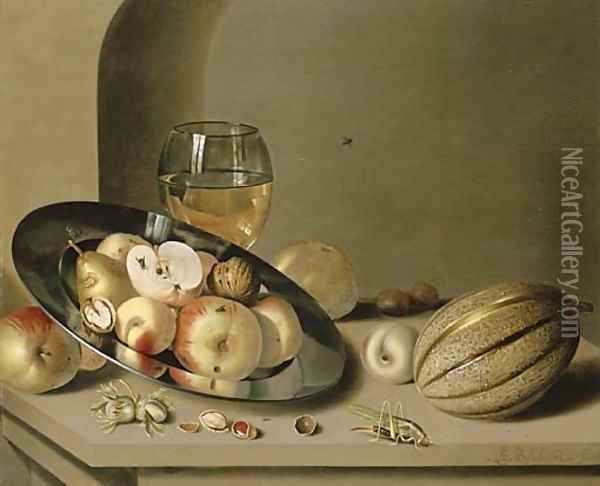 Apples, pears, peaches and walnuts on a pewter plate with fruit, a roemer, a melon, chestnuts and a grasshopper on a stone ledge in a niche Oil Painting - Ambrosius the Younger Bosschaert