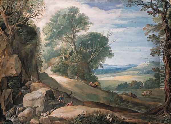 An Italianate landscape with herdsmen and cattle by a stream, buildings in the hills beyond Oil Painting - Paul Bril