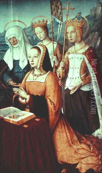 Ms lat 9474 f.3v Anne of Brittany with St. Anne, St. Ursula and St. Helen, miniature from the Grandes Heures of Anne of Brittany, c.1503-8 Oil Painting - Jean Bourdichon