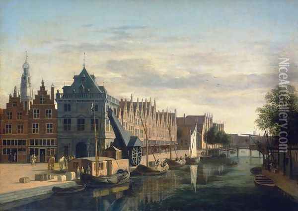 The Weigh-House and Crane on the Spaarne at Haarlem Oil Painting - Gerrit Adriaensz Berckheyde