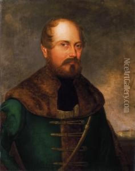 Portrait Of A Hungarian Nobleman, With A Castle In The Background Oil Painting - Miklos Barabas