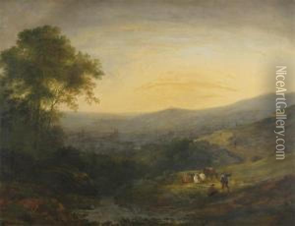 Rustics In An Extensive Landscape With A Distant Town, Possibly Bath Oil Painting - Benjamin Barker Of Bath
