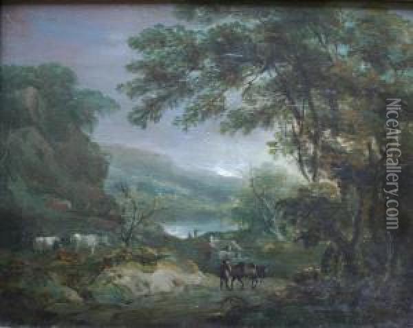 Attributed To Benjamin Barker Of
 Bath A Wooded Lake Landscape With Cattle And A Traveller With A Horse 
On A Lane Oil On Panel 23.5 X 29.5cm Oil Painting - Benjamin Barker Of Bath