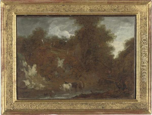 Cattle In A Woodland Stream Oil Painting - Benjamin Barker Of Bath