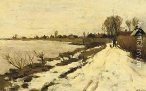 Winter: Walking Along The River Vecht On A Snow Covered Path Oil Painting - Nicolaas Bastert