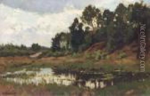 Ven: A Lake In A Wooded Landscape Oil Painting - Nicolaas Bastert