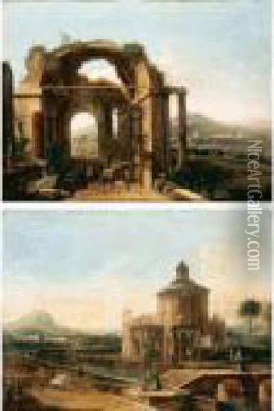 Veduta Del Brenta Con Rovine Architettoniche E Figure; Capriccio Con Basilica E Figure Oil Painting - Francesco Battaglioli