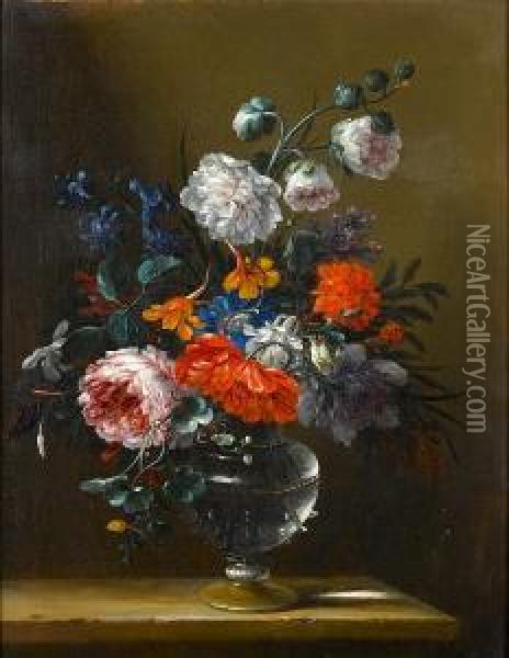 Carnations, Jasmine, Peonies, Lilac, Harebellsin A Glass Vase On A Table-top Oil Painting - Nicolas Baudesson