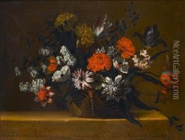 Tulips, Chrysanthemums, Honeysuckle And Other Flowers In A Basket On A Stone Ledge Oil Painting - Nicolas Baudesson
