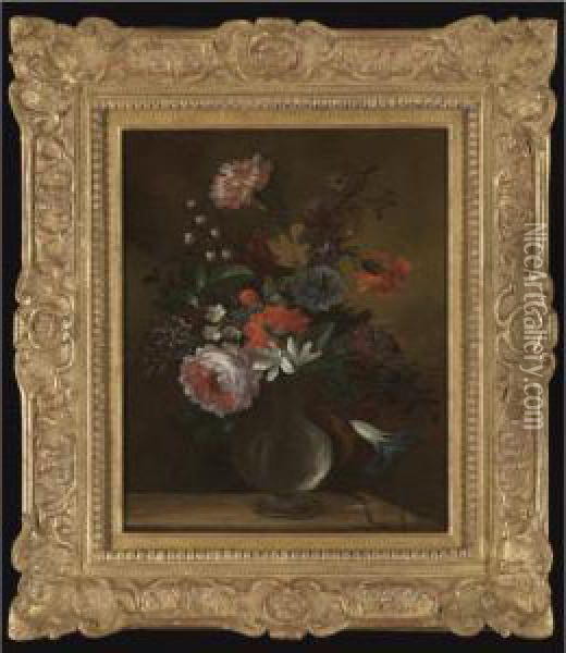 Still Life Of Flowers Including 
Roses, Carnations And Lily Of The Valley, In A Glass Vase On A Stone 
Ledge Oil Painting - Nicolas Baudesson