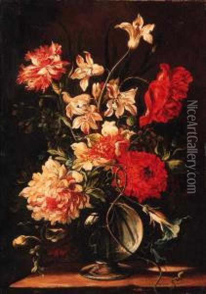 Morning Glory, Chrysanthemums, 
Carnations And Other Flowers In Aglass Vase On A Stone Ledge Oil Painting - Nicolas Baudesson