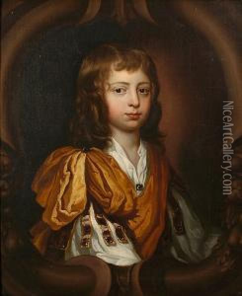 A Portrait Of A Young Boy, 
Believed To Be Richard Gulston, Bust Length In Ornate Robe Within A 
Sculptural Painted Oval Oil Painting - Mary Beale