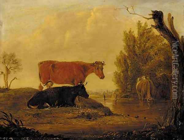 Cattle watering in a wooded landscape Oil Painting - Edmund Bristow