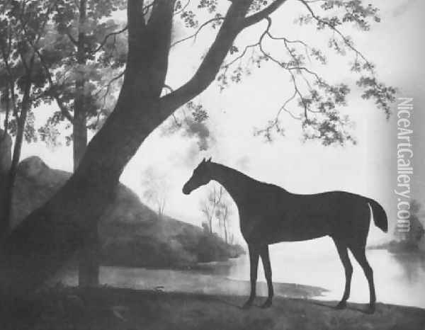 Lord Cleremont's racehorse 'Imperator' in a wooded river landscape 1780 Oil Painting - John Best