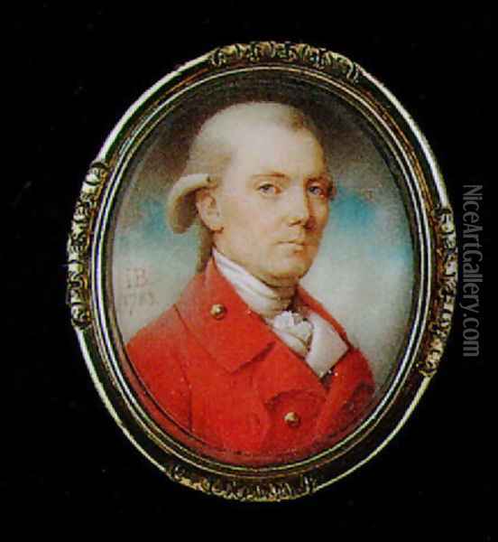 A portrait of a gentleman with powdered hair en queue, wearing red coat with gold buttons 1783 Oil Painting - John Bogle