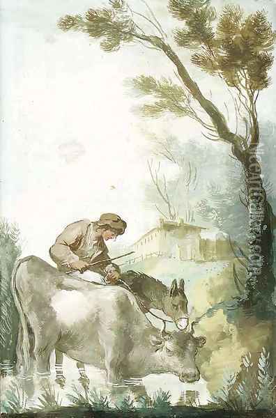 A Shepherd crossing a Ford with a Cow and a Donkey Oil Painting - Giuseppe Bernardino Bison