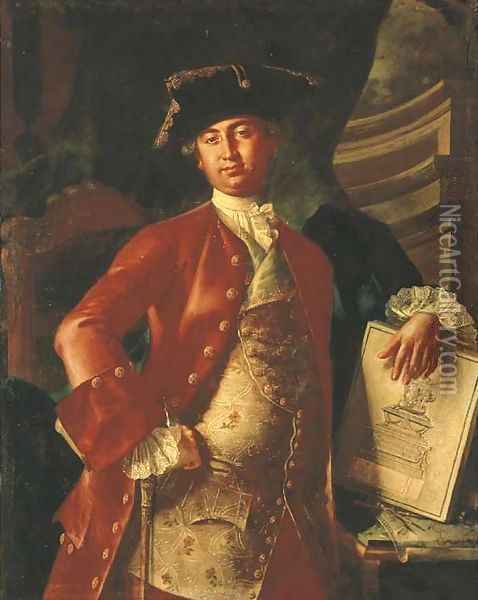 Portrait of a gentleman, three-quarter-length, in a red coat and embroidered waistcoat, holding a project for a monument Oil Painting - Giuseppe Bonito