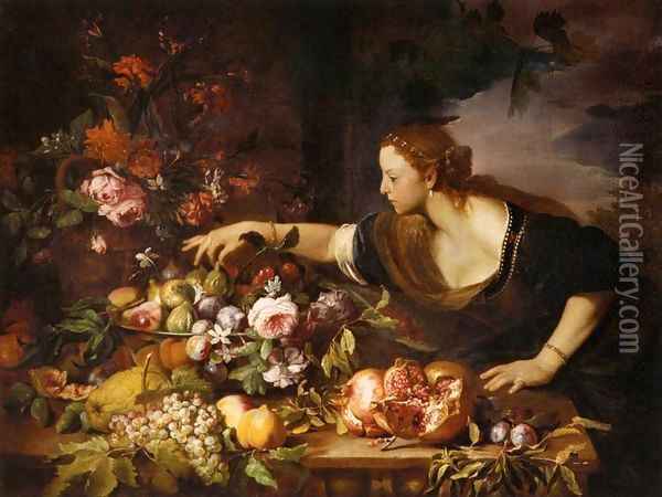 Woman Grasping Fruit Oil Painting - Abraham Brueghel