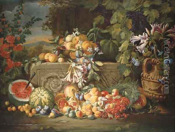 A watermelon, cherries, peaches, apricots, plums, pomegranate and figs with lilies, roses, morning glory and other flowers on an acanthus stone relief Oil Painting - Abraham Brueghel