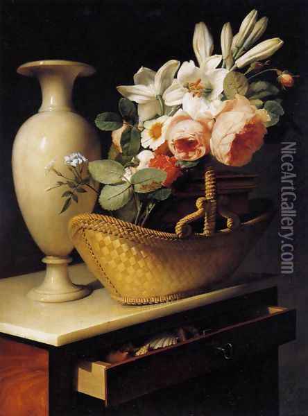Still-Life with a Basket of Flowers Oil Painting - Antoine Berjon