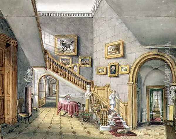 The Staircase, Strood Park, f.26 from an 'Album of Interiors' (2), 1843 Oil Painting - Charlotte Bosanquet