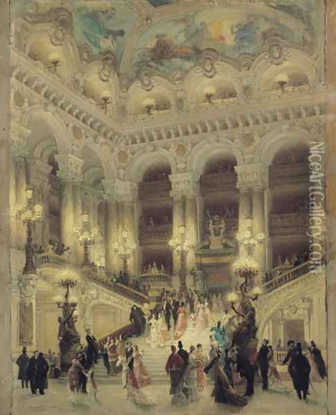 The Staircase of the Opera, 1877 Oil Painting - Louis Beroud