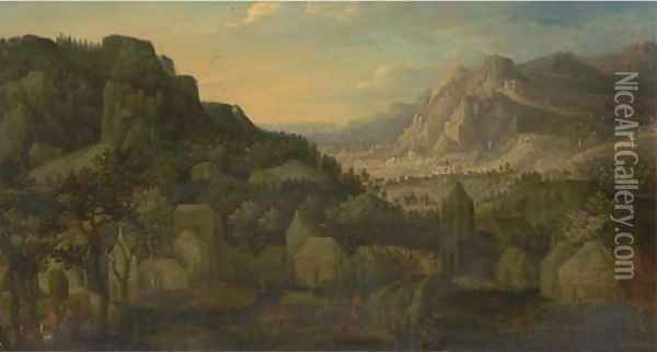 An extensive mountain landscape with travellers on a bridge in a village Oil Painting - Joseph van Bredael