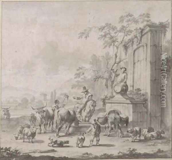 A landscape with herdsmen, sheep and cows around a fountain surmounted by a statue of Silenus Oil Painting - Pieter Bout