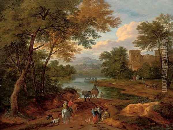 A wooded river landscape with travellers on a track, a house beyond Oil Painting - Pieter Bout