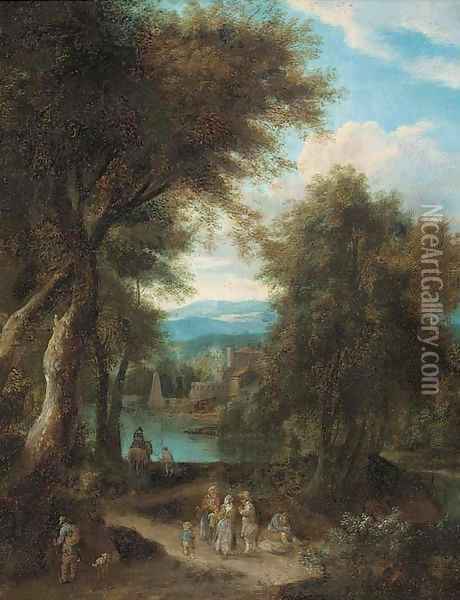 A wooded river landscape with travellers on a track Oil Painting - Pieter Bout