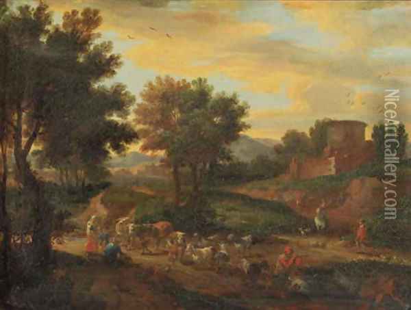 Shepherds fording cattle and flock on a sandy track by a ruined castle, in an Italianate landscape Oil Painting - Adriaen Frans Boudewijns